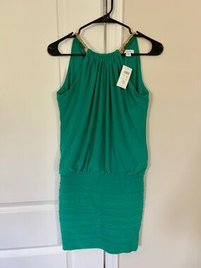 Cache Green Halter Mini Dress with Gold Chain Straps- NEW